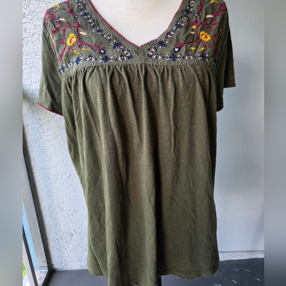 St. John's Bay Olive Blouse with Floral Embroidery